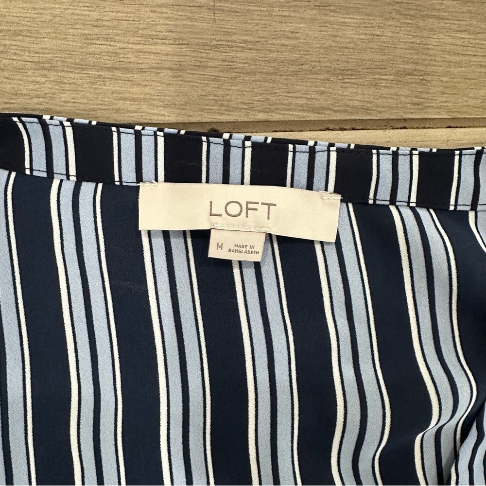 LOFT Navy and Light Blue Striped Wrap Blouse - Picture 2 of 9